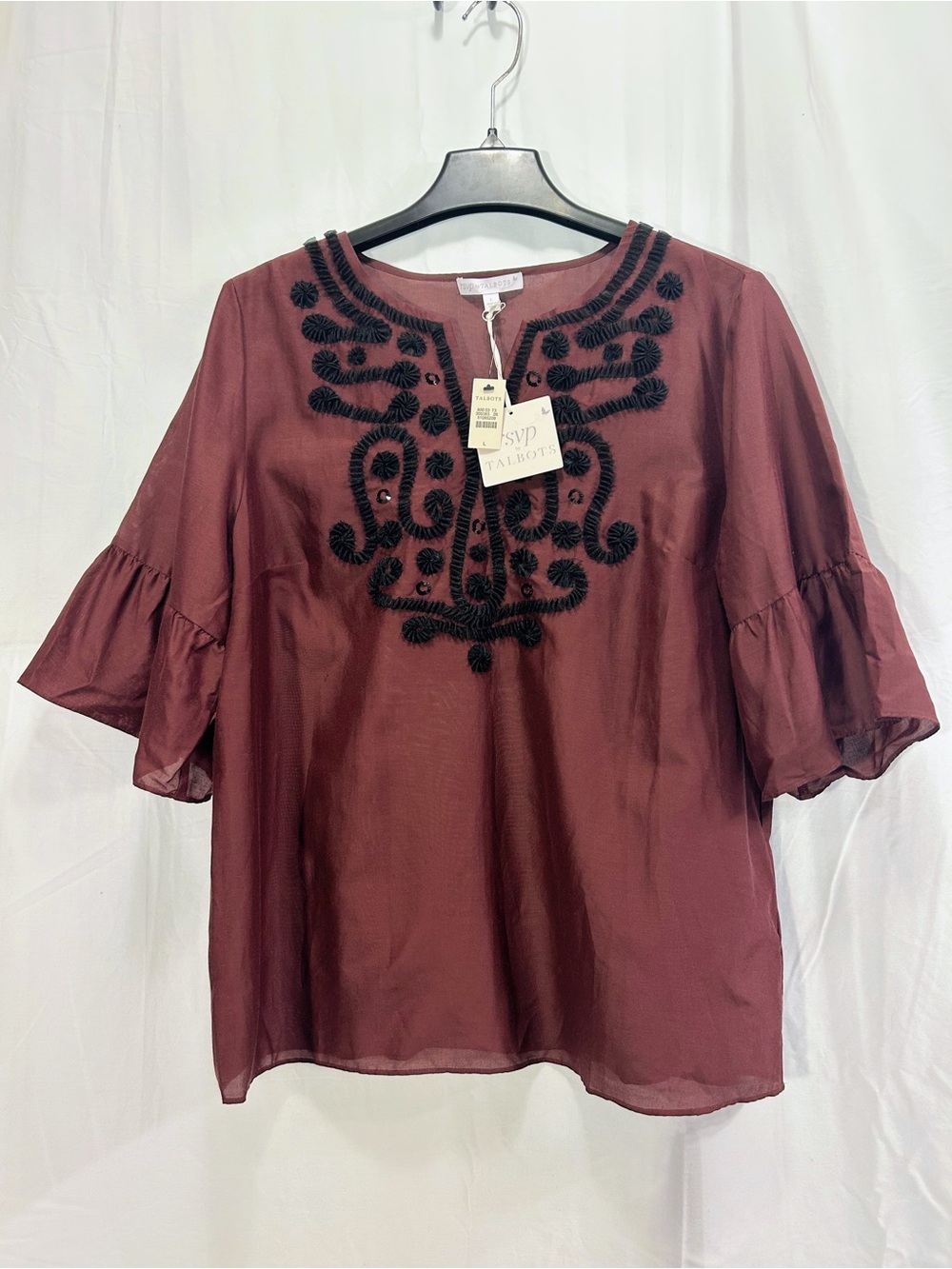 Talbots Women's Embroidered Ruffle Sleeve Top - Burgundy